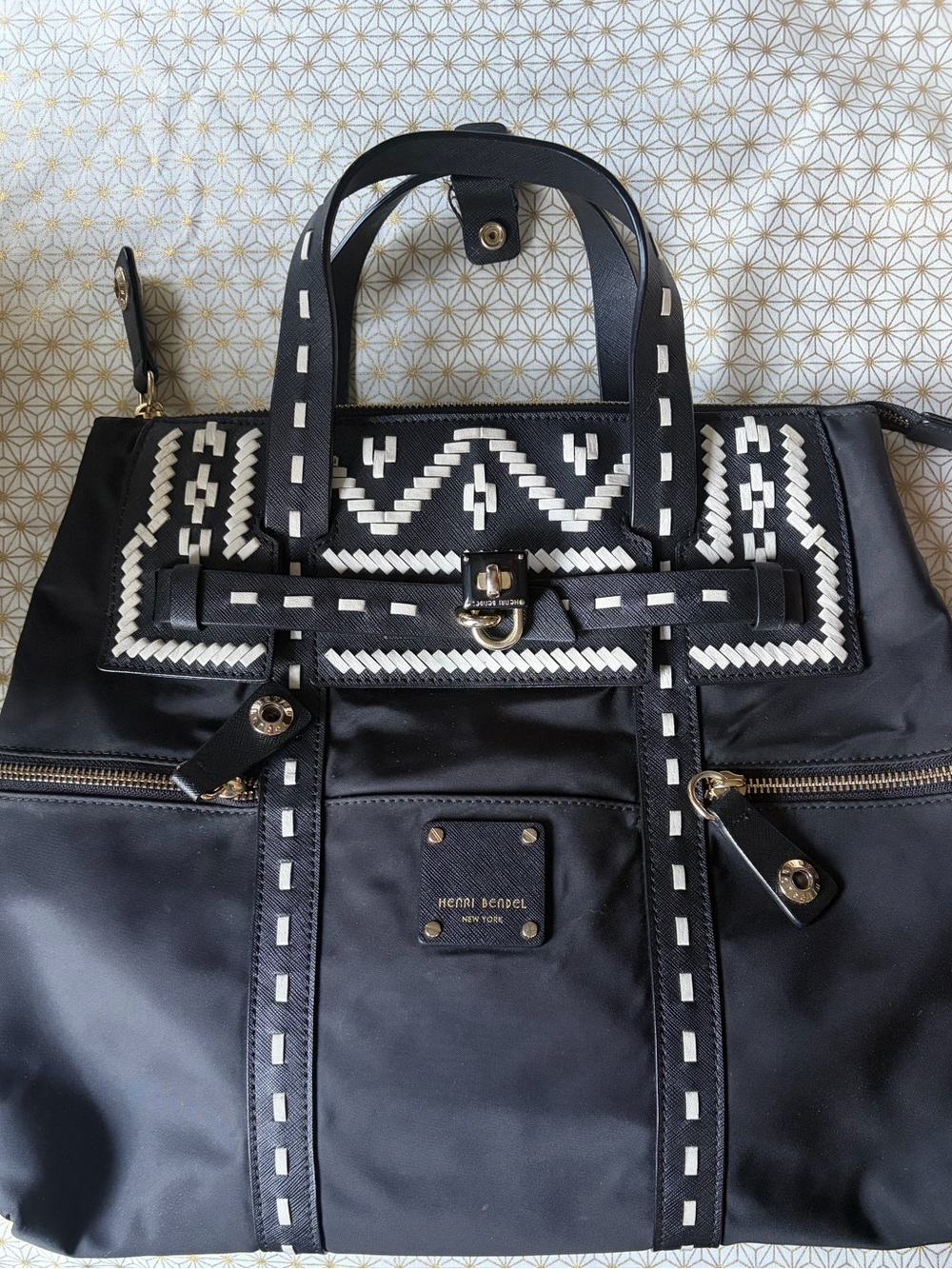 henri bendel Black Tote with White Woven Geometric Trim